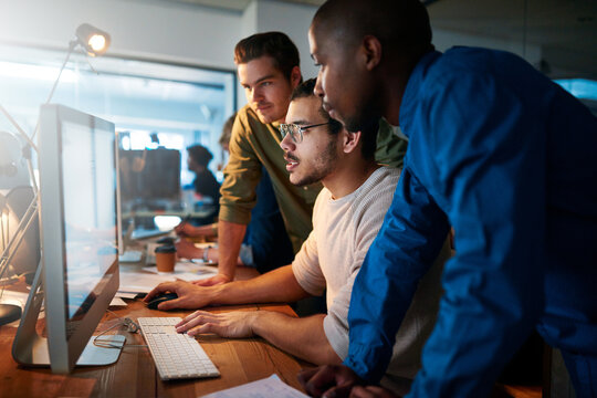 Office, team and business people with discussion by computer for server, launch and planning. Programming, support and IT developer with tech at night for backend development, testing and debugging