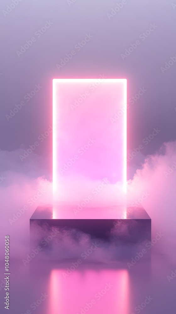 Poster illuminated floating podium a transparent acrylic stage with glowing edges surrounded by ethereal mi