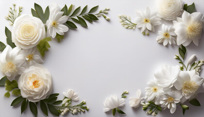 Beautiful white rose and petals on white background. Ideal for greeting cards for wedding, birthday, Valentine's Day, Mother's Day