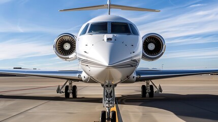 A majestic luxury plane from the front massive turbines on display polished metal gleaming under clear skies