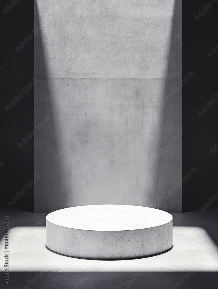 Poster exploring the aesthetic appeal of a minimalist rough concrete texture podium with sharp edges in an 