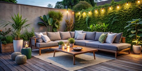 Fototapeta premium Stylish Low Light Outdoor Seating with Grey Sofa, White Cushions, Wood Coffee Table, and Lush Potted Plants