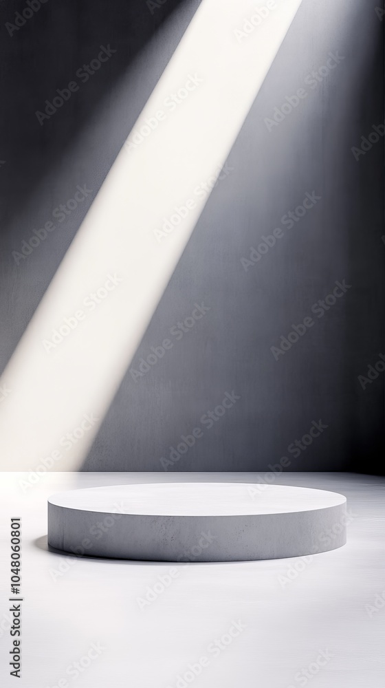 Poster minimalist rough concrete podium with sharp geometric shapes under soft light in an industrial setti