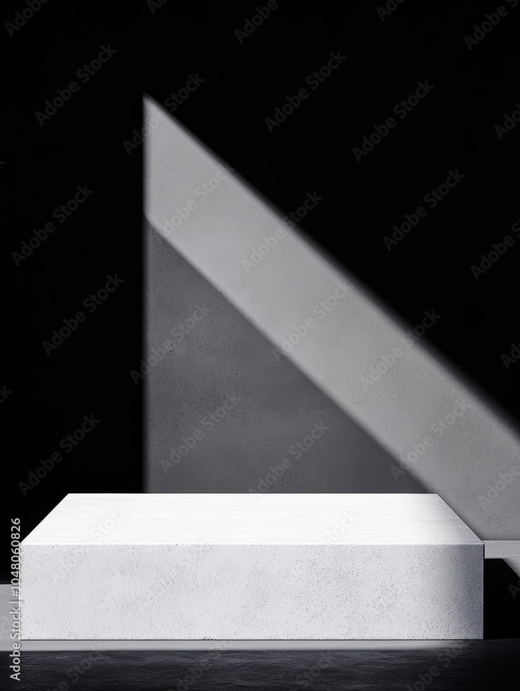 Poster exploring the aesthetic of a rough concrete podium enhanced by sharp geometric shapes in a minimalis