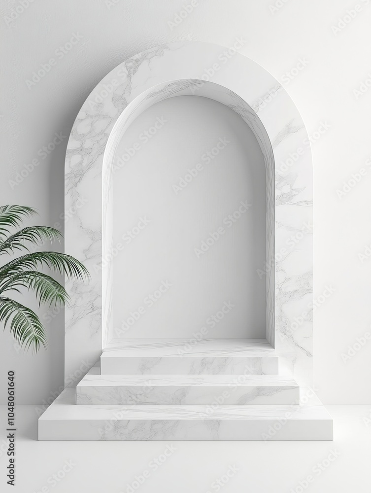 Poster sleek minimalist podium display with elegant white marble texture in a modern architectural setting