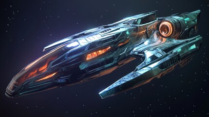 Full-body spaceship concept art, showcasing advanced alien technology, sharp angular lines, glowing energy cores, and highly detailed textures, displayed on a space background