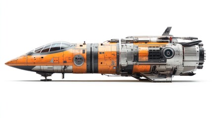 Full-body view of a spacecraft, showcasing advanced technology, sharp focus on metallic textures and intricate details, displayed on a white background, vibrant lighting