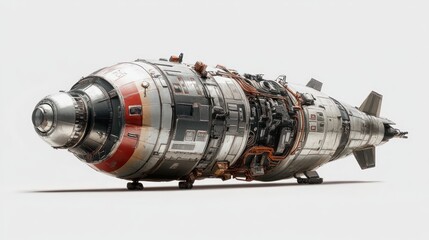 Full-body view of a spacecraft, showcasing advanced technology, sharp focus on metallic textures and intricate details, displayed on a white background, vibrant lighting
