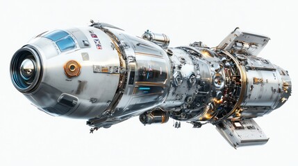 Full-body view of a spacecraft, showcasing advanced technology, sharp focus on metallic textures and intricate details, displayed on a white background, vibrant lighting