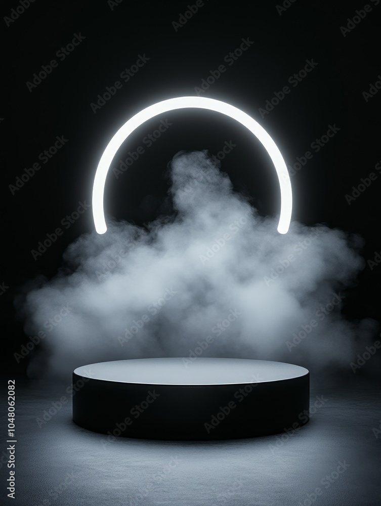 Poster a striking matte black podium surrounded by ethereal smoke and illuminated by a glowing arch creatin