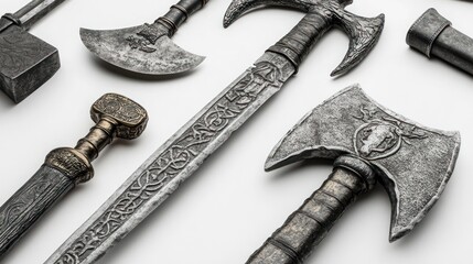 Replicas of ancient European swords, daggers, and axes, positioned on a bright white background, sharp focus on the highly detailed metalwork and historic designs, ultra-realistic lighting