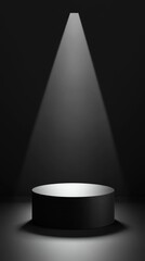 Dramatic spotlight on a matte black podium with geometric shapes creating an engaging visual display for artistic presentations