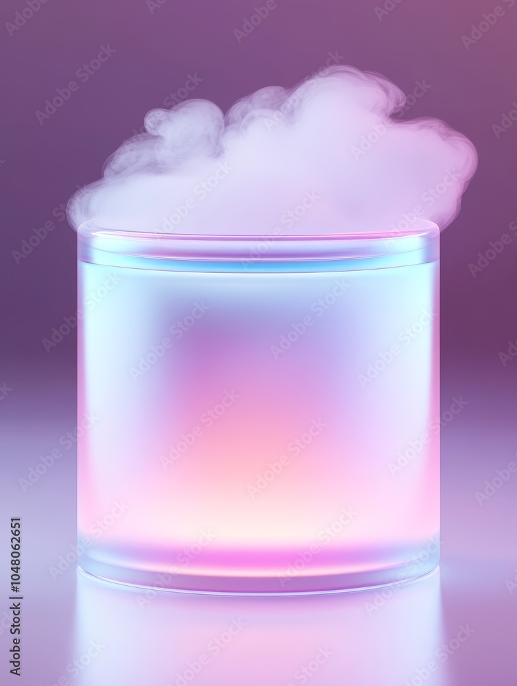 Poster mesmerizing iridescent glass podium with glowing smoke and soft paste effect creating an enchanting 