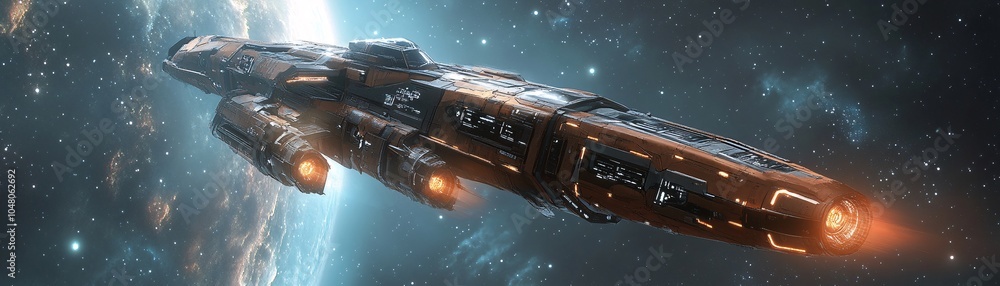 Poster a massive ai-powered spaceship exploring the far reaches of the galaxy, advanced navigation systems,
