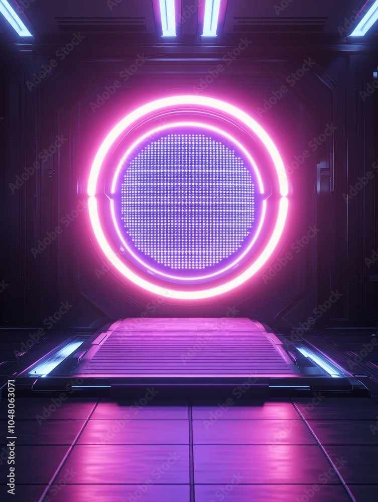 Poster exploring the future a holographic podium set against a neon grid in a sci-fi universe