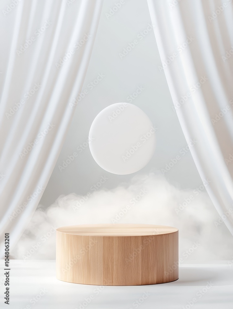 Poster ethereal floating wooden podium surrounded by gentle mist and soft light creating a serene atmospher