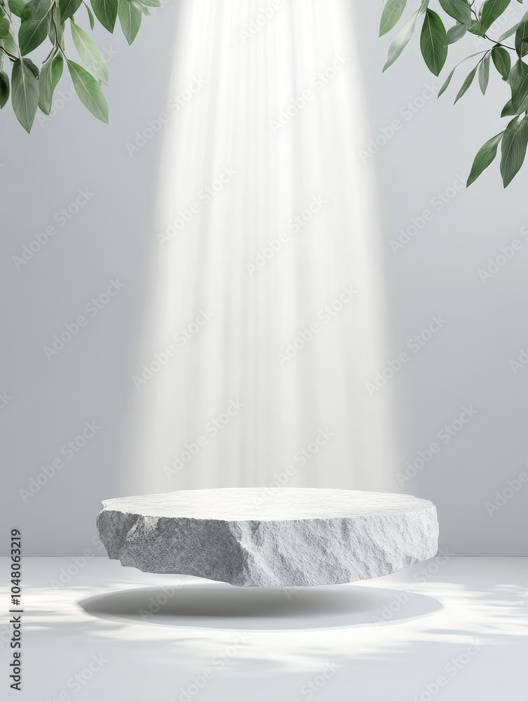 Poster ethereal floating stone podium illuminated by soft light surrounded by lush greenery for a tranquil 