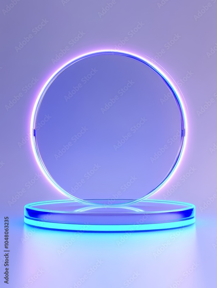 Poster illuminated floating podium with translucent glass base creating a futuristic atmosphere in a minima
