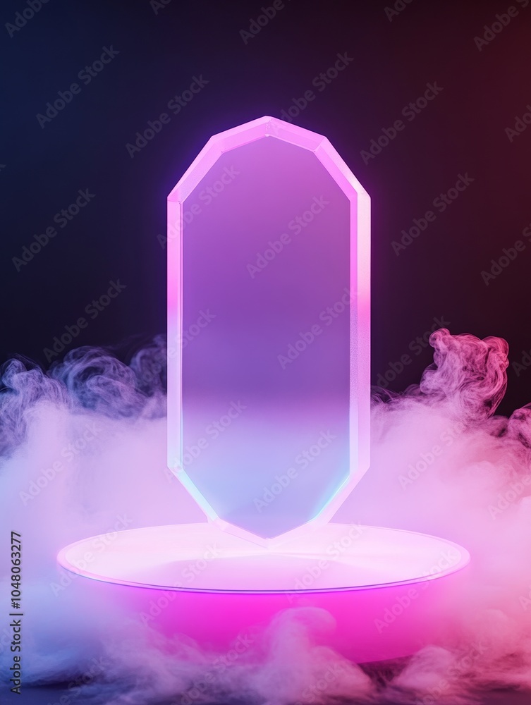 Poster captivating floating podium with translucent base surrounded by ethereal smoke effects in a futurist
