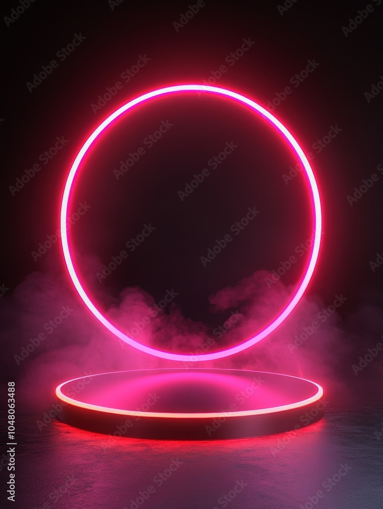 Poster illuminated floating metal podium with glowing neon edges in a dark futuristic setting for dynamic p