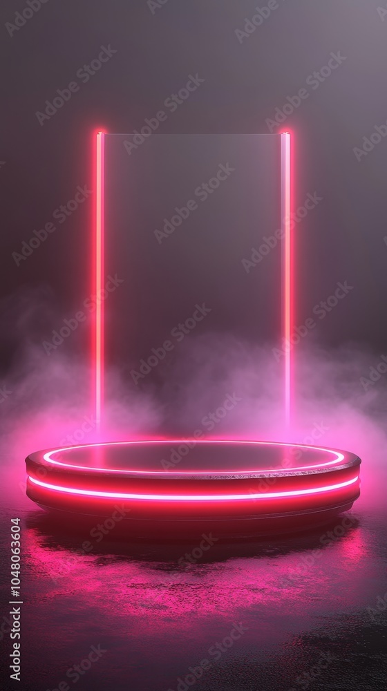 Poster illuminated floating metal podium with glowing edges surrounded by ethereal fog creating a futuristi