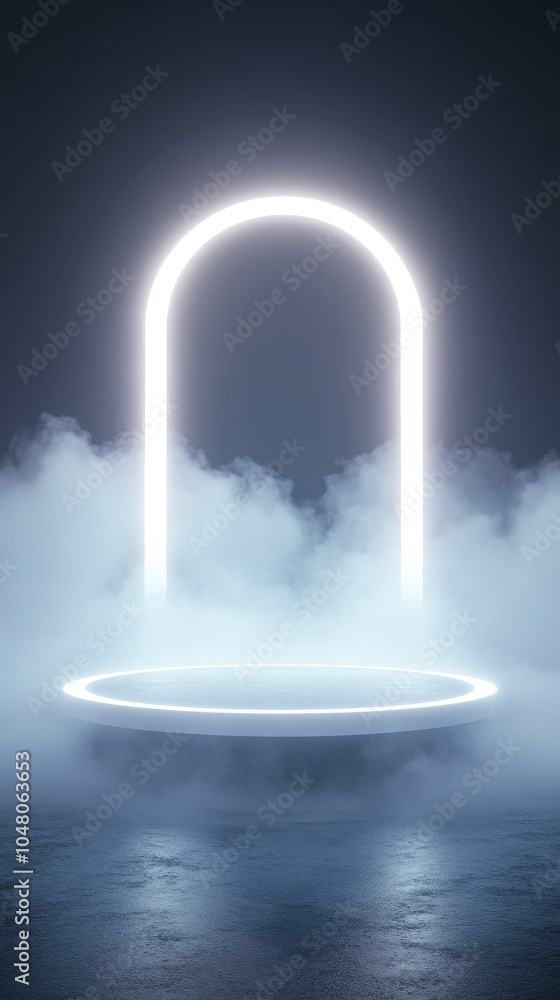 Poster a mystical floating metal podium illuminated by soft lighting emerging from a dense fog in a surreal
