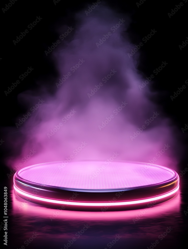 Poster illuminated floating glass podium surrounded by ethereal fog and holographic grid a futuristic displ