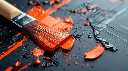 Fototapeta premium A close-up view of a paintbrush resting on a chaotic palette of vibrant orange and glossy black paint, showcasing the creative process in art and the beauty of color mixing on a dark surface.