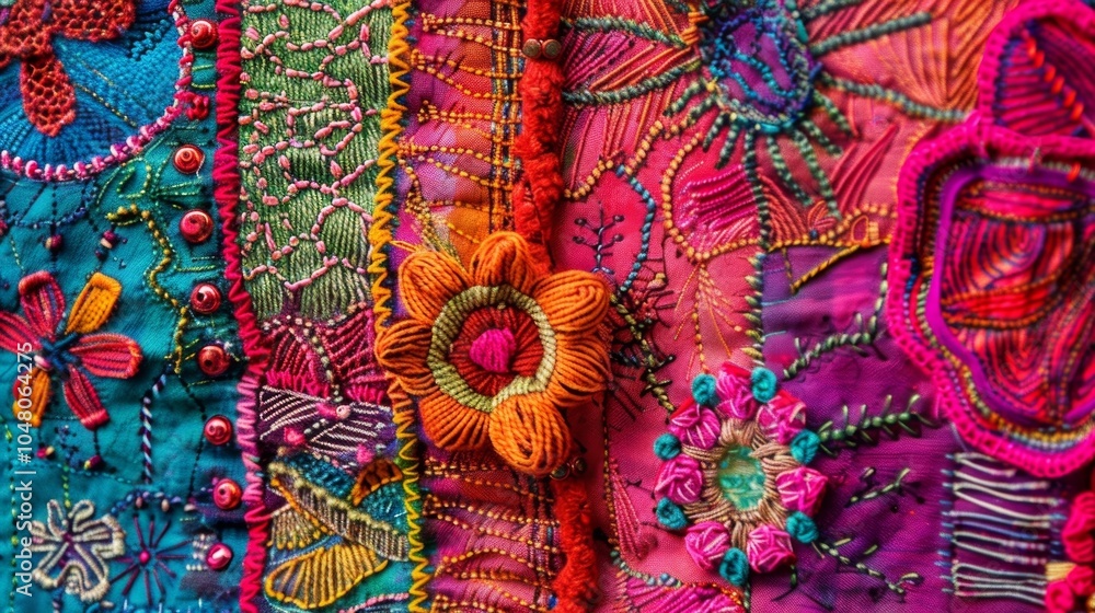 Poster the intricate stitches and patterns of a colorful textile piece are highlighted in a closeup shot in