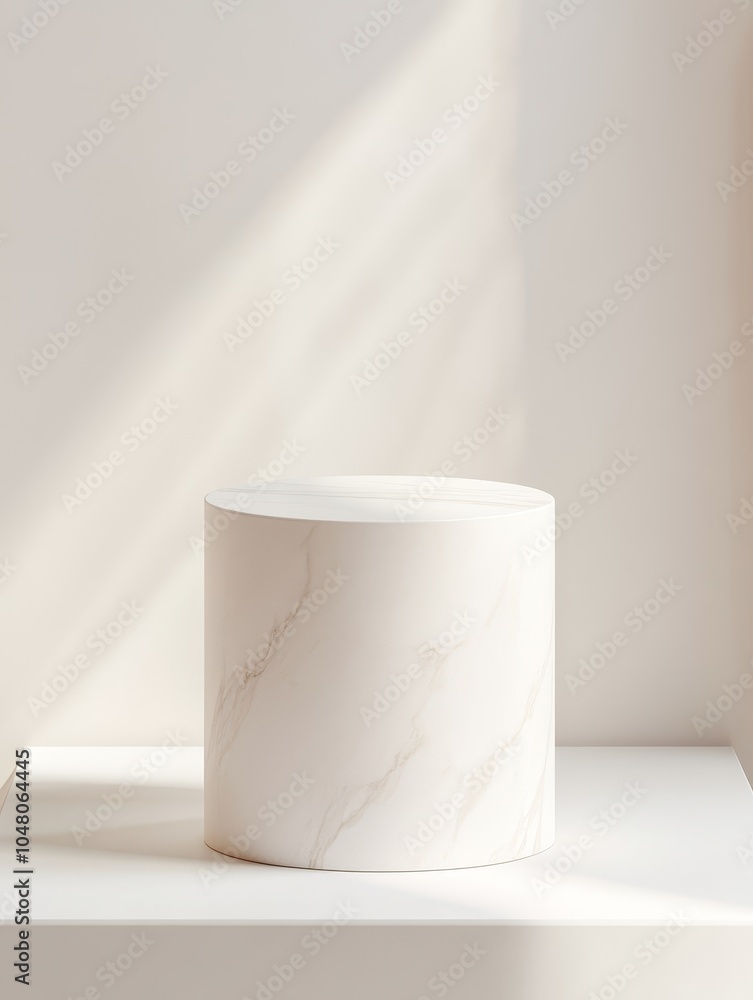 Poster elegant cylindrical podium with smooth stone texture illuminated by soft warm light in minimalist se