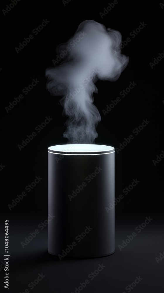 Aufkleber cylindrical metal podium emanating smoke with sharp light in a dark background creating an ethereal 