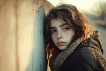 Fototapeta premium Portrait of woman in winter with scarf and sweater, Selective focus fatigue office worker, Anxiety woman lean on the wall.