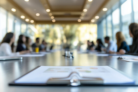 Point of view of chief executive officer in conference presentation, Meeting table with colleague and presentation information paper, Committed employee discussion in office.	
