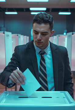 Joven ejecutivo deposita su voto en urnas de votaci&oacute;n.