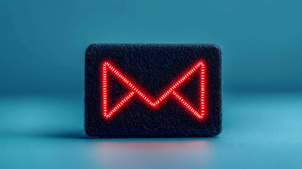 A modern, glowing red icon in a sleek, dark texture against a blue background, resembling a stylized logo or symbol.