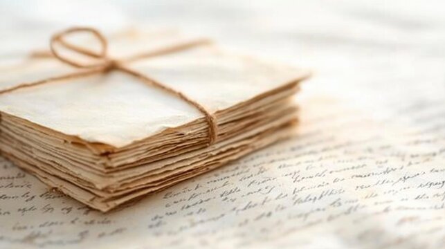 A stack of old, faded love letters on a beige background.