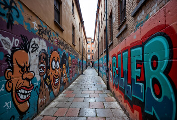 Fototapeta premium Urban Alleyway with Vibrant Street Art and Graffiti Murals Creating Artistic Underground Atmosphere