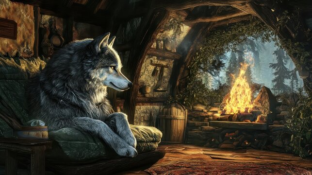 A serene wolf rests by a cozy fire in a rustic woodland cabin, surrounded by nature and warmth.