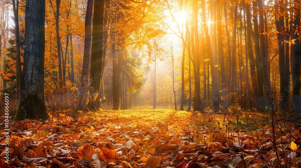 Aufkleber golden leaves blanket the forest floor as sunlight streams through the trees, creating a serene autu