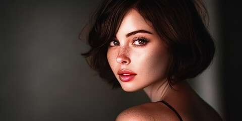 Fototapeta premium woman short hair. A close-up portrait of a woman with brown hair, freckles and intense eyes.