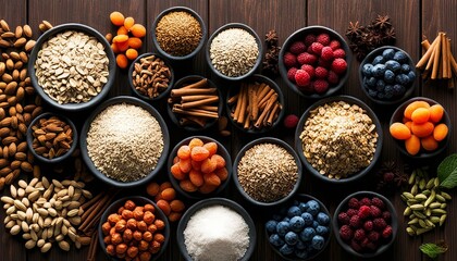 Illustrative image of a collection of spices, nuts and cooking ingredients that are typical of Asian cuisine