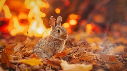 Fototapeta premium A soft bunny rabbit plush on bed of fallen autumn leaves on bonfire background