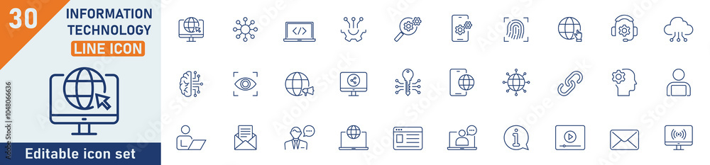 Poster information technology line icon set. set of 30 outline icons related to it network, internet, websi