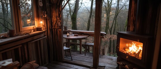 A cozy cabin interior with a warm fireplace, nestled among trees, creating a tranquil and inviting atmosphere.