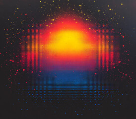 High-Resolution Abstract Pixelated Gradient in Red Yellow and Blue Dots on Black Background with Metal Frame in Pointillism Style for Modern Art
