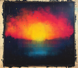 High-Resolution Abstract Pixelated Gradient in Red Yellow and Blue Dots on Black Background with Metal Frame in Pointillism Style for Modern Art

