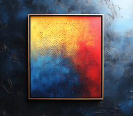 High-Resolution Abstract Pixelated Gradient in Red Yellow and Blue Dots on Black Background with Metal Frame in Pointillism Style for Modern Art
