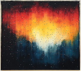 High-Resolution Abstract Pixelated Gradient in Red Yellow and Blue Dots on Black Background with Metal Frame in Pointillism Style for Modern Art
