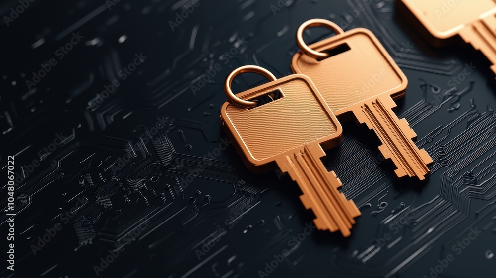 Wall mural close-up view of two golden keys on a dark electronic circuit background.