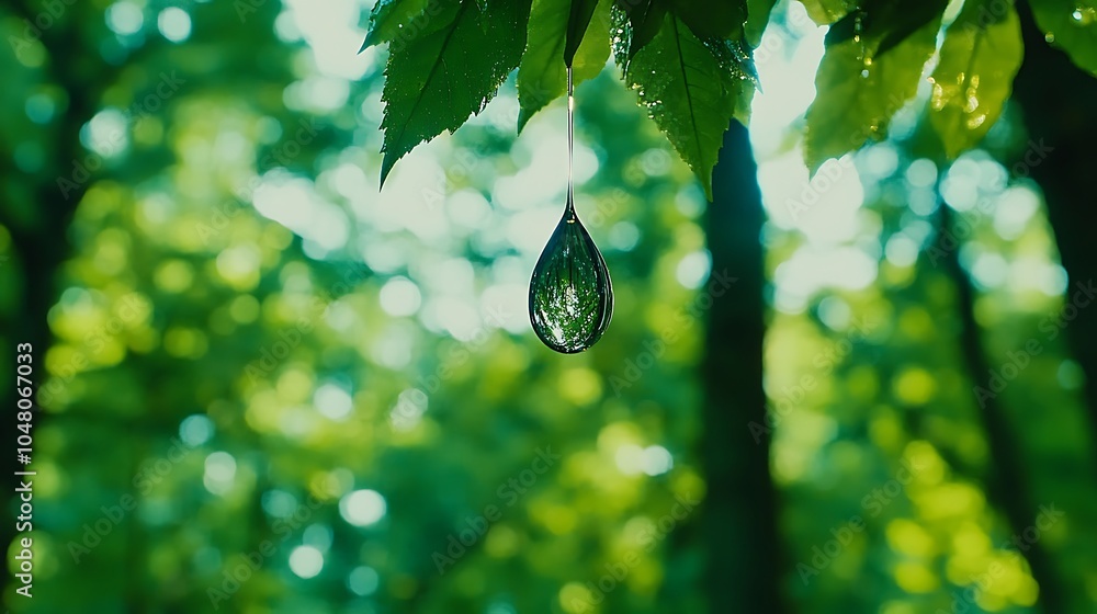 Poster a high-resolution close-up of a rainwater drop hanging from a leaf, reflecting the surrounding fores